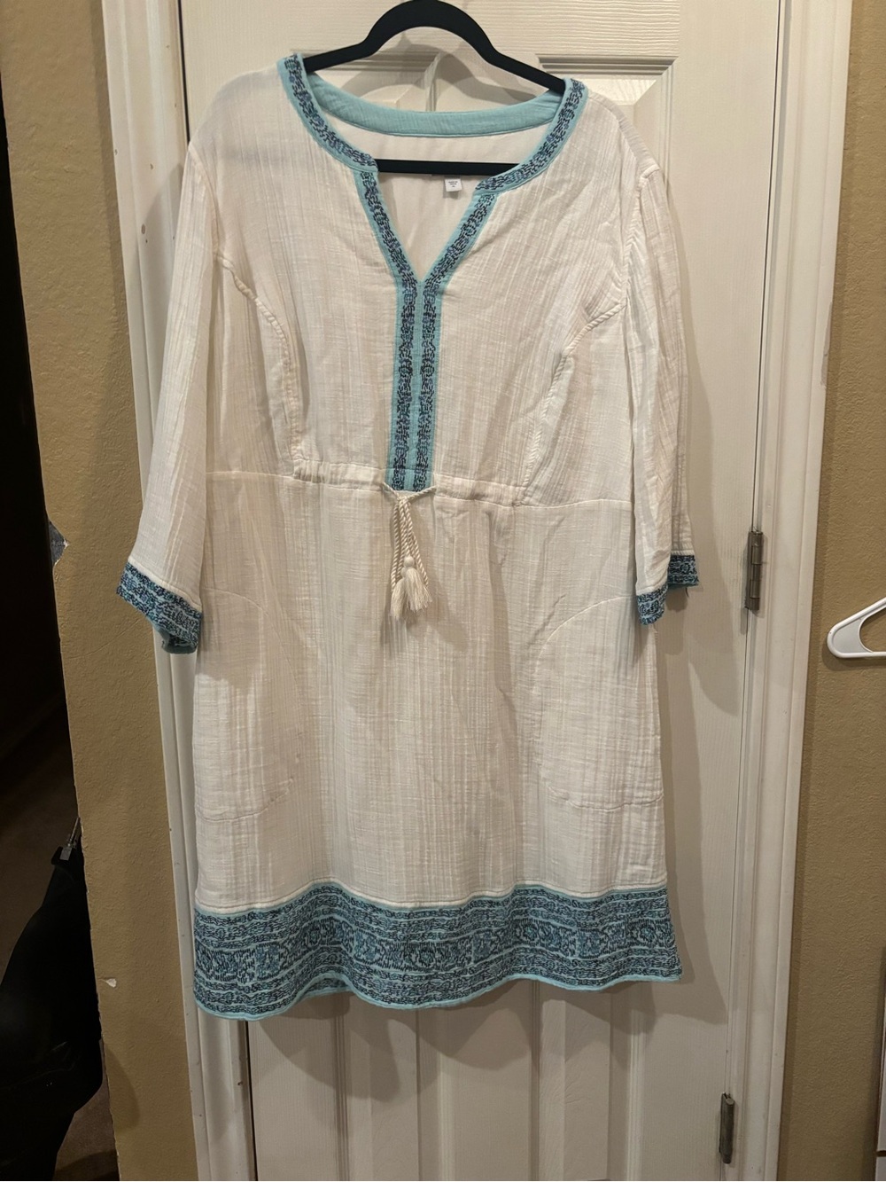 J. Jill White Cotton Tunic Dress with Teal Trim